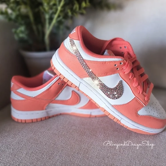 Bling Nike Dunk Low White Mango Womens Sneakers Shoes with Crystals Customized - Picture 4 of 6